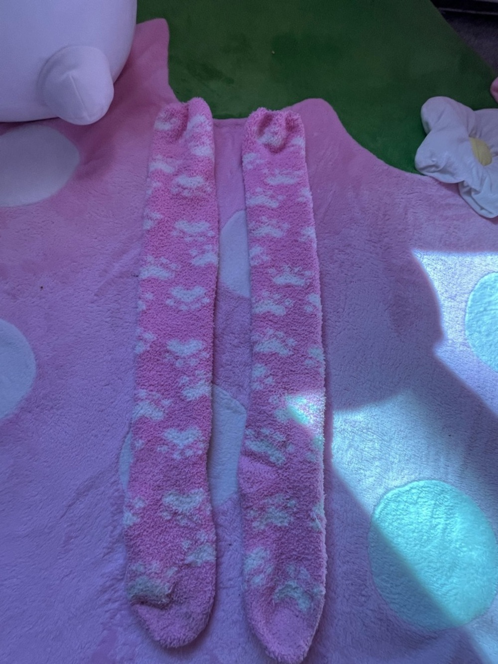 Pink and white paw print thigh high socks